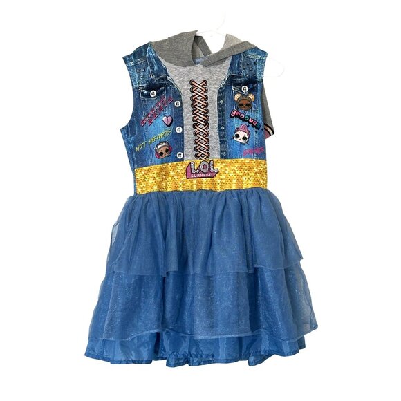 LOL Surprise Girls Hoodie Dress With Denim Print & Tulle Skirt Sequin Belt & Fun - Picture 3 of 7